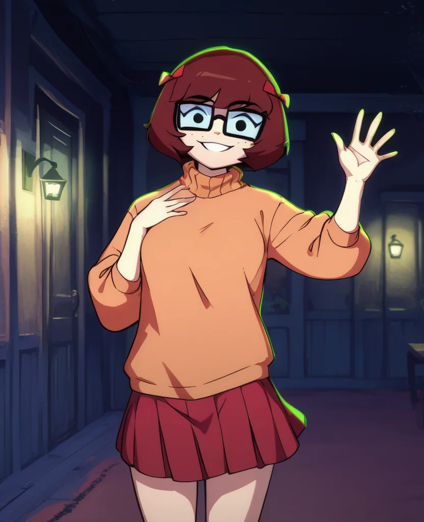 score_9, score_8_up, score_7_up, VelmaxlD, brown hair, short hair, hair ribbon, glasses, black eyes, orange sweater, skirt, standing, light smile, <lora:VelmaxlD:0.9>
indoors, night, looking at viewer, waving,