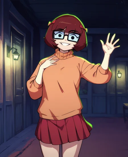 score_9, score_8_up, score_7_up, VelmaxlD, brown hair, short hair, hair ribbon, glasses, black eyes, orange sweater, skirt, standing, light smile, <lora:VelmaxlD:0.9>
indoors, night, looking at viewer, waving,