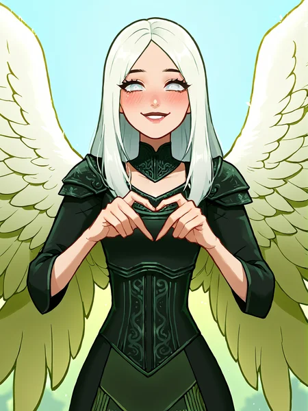 score_9, score_8_up, score_7_up, source_anime, masterpiece, 1girl,
Angel wings, feather wings, white hair, long straight hair, white eyes, shoulder armor, black dress, green dress, corset, green skirt, green cape,  <lora:AVACYN:1> <lora:sc00byXLP:0.9>,smile,  blush,  <lora:princess_xl_v2:0.8> <lora:AsuraLycoXL:0.4> <lora:balsamique-guy-PONYv1:0.4>,