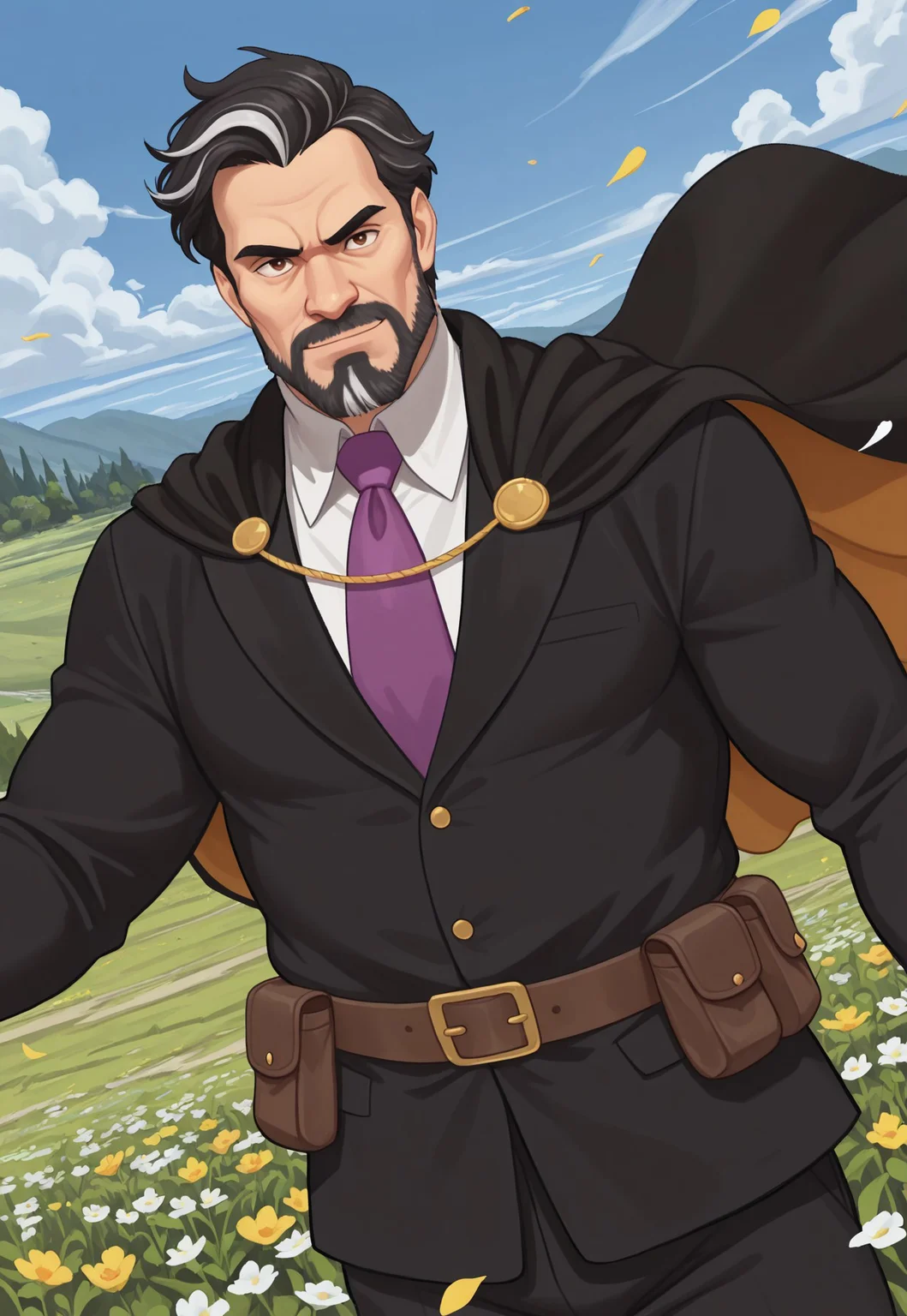 masterpiece, best quality, amazing quality, 1boy, Matheo, mature male, greying black hair, short hair, brown eyes, facial hair, beard, cape, black jacket, white shirt, purple necktie, detailed background, dynamic pose, looking at viewer, slight smile, cottage, outdoors, flowers, blue sky, clouds, upper body, belt, pouch, dutch angle, gust of wind, grabbing pouch, cowboy shot, white streaks, gust of wind, petals in the wind,