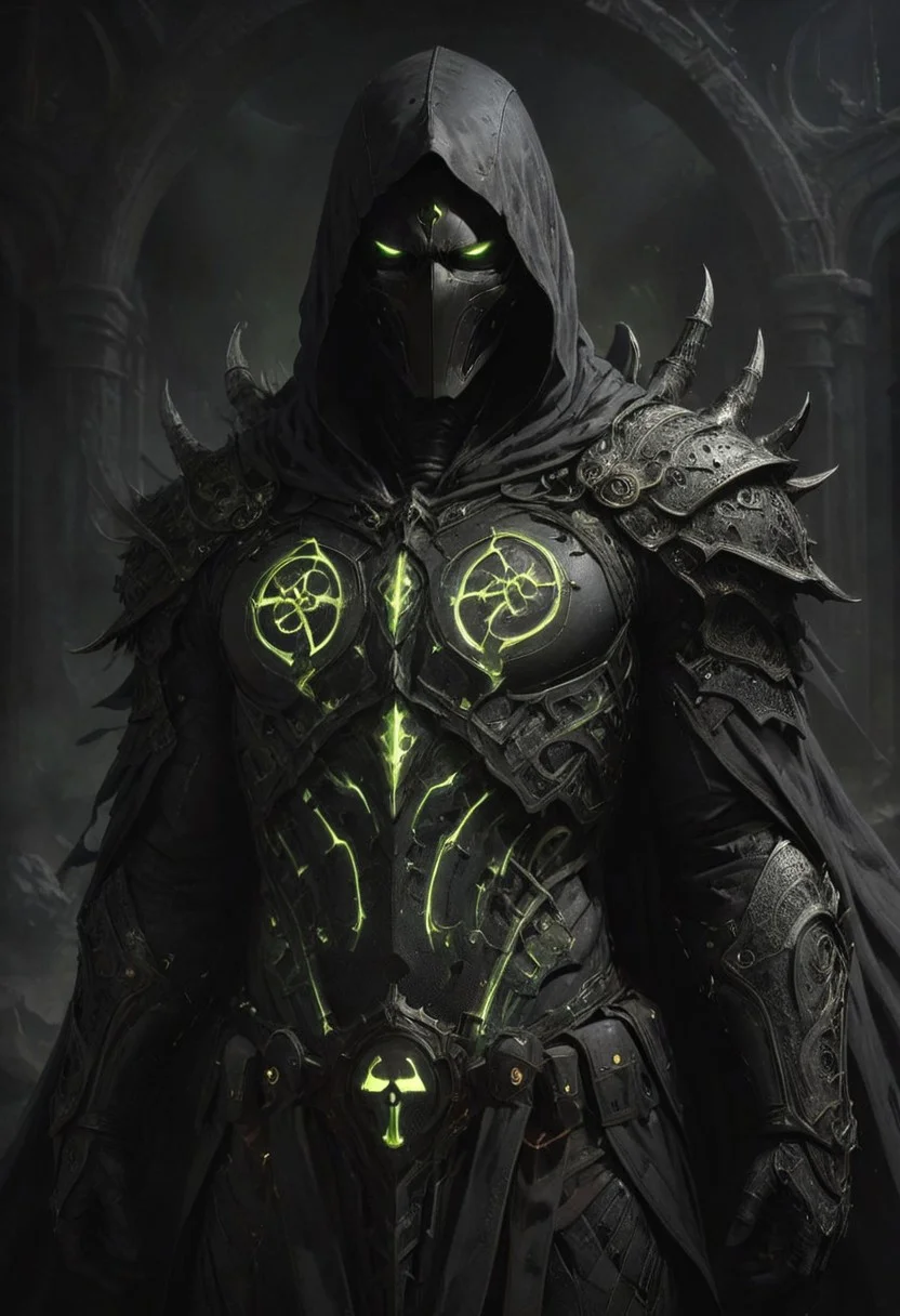 chiaroscuro, dark, a lone reaper of night, black serpents create a cloak of darkness, detailed intricate black gothic armor adorns his body, a hood obscures his face and eyes in black, deep shadows accompany him like phantoms, glowing runes, horns, low-key, nuclearhazard