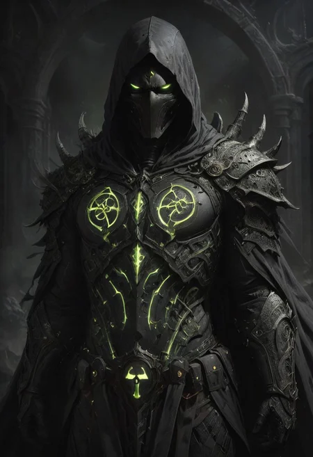 chiaroscuro, dark, a lone reaper of night, black serpents create a cloak of darkness, detailed intricate black gothic armor adorns his body, a hood obscures his face and eyes in black, deep shadows accompany him like phantoms, glowing runes, horns, low-key, nuclearhazard