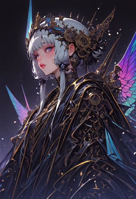 queen, techno crown, <lora:ck-shadow-circuit-IL:0.78>, full body portrait, 
masterpiece, best quality, good quality, very aesthetic, absurdres, newest, 8K, depth of field, focused subject,
 close up, stylized, in gold and neon shades, wabi sabi, 1girl, rainbow angel wings,  looking at viewer, dynamic angle, from below, from side, relaxing
<lora:MoriiMee_Gothic_Niji_Style_Illustrious_r1:0.45>
<lora:ck-nc-cyberpunk-IL-000011:0.4>
<lora:ck-neon-retrowave-IL:0.8>