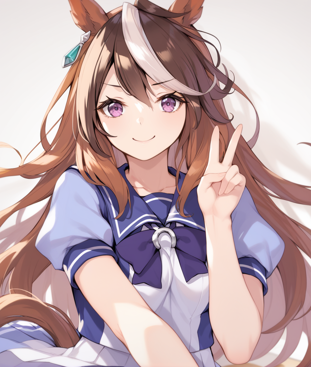 score_9, score_8_up, score_7_up, 2D, anime BREAK
tracen_uniform, 1girl, solo, long hair, looking at viewer, smile, bangs, skirt, brown hair, shirt, white background, bow, animal ears, jewelry, closed mouth, school uniform, purple eyes, tail, upper body, white hair, short sleeves, multicolored hair, pleated skirt, earrings, serafuku, puffy sleeves, bowtie, sailor collar, puffy short sleeves, streaked hair, v-shaped eyebrows, white skirt, horse ears, horse girl, horse tail, single earring, purple shirt, sailor shirt, tracen school uniform, purple bowtie, horseshoe ornament, <lora:symboli_rudoruf-ponyXL:1>,