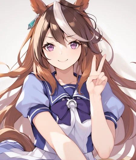 score_9, score_8_up, score_7_up, 2D, anime BREAK
tracen_uniform, 1girl, solo, long hair, looking at viewer, smile, bangs, skirt, brown hair, shirt, white background, bow, animal ears, jewelry, closed mouth, school uniform, purple eyes, tail, upper body, white hair, short sleeves, multicolored hair, pleated skirt, earrings, serafuku, puffy sleeves, bowtie, sailor collar, puffy short sleeves, streaked hair, v-shaped eyebrows, white skirt, horse ears, horse girl, horse tail, single earring, purple shirt, sailor shirt, tracen school uniform, purple bowtie, horseshoe ornament, <lora:symboli_rudoruf-ponyXL:1>,