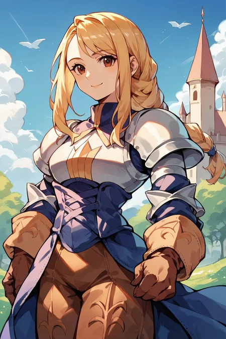 score_9, score_8_up, score_7_up, score_6_up, source_anime, 1girl BREAK  <lora:agrias-pdxl-nvwls-v1-000005:1> agrias, blonde hair, brown eyes, braided ponytail, shoulder armor, armor, corset, brown pants, brown gloves, looking at viewer, smile, medieval, blue sky, castle