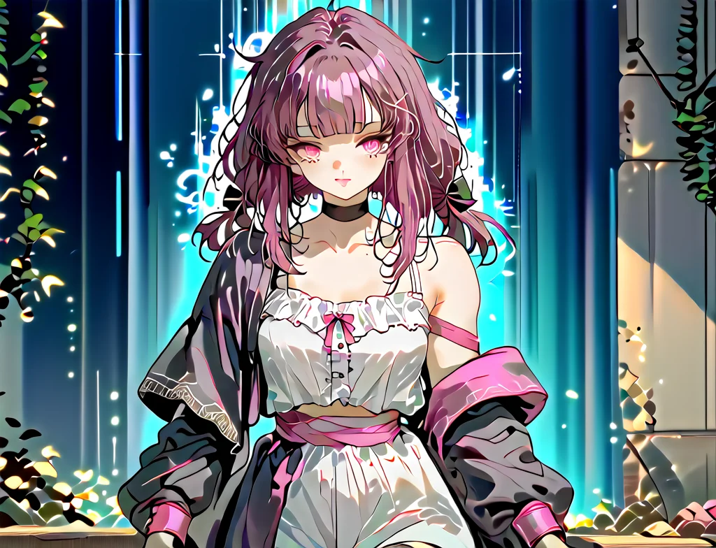 score_9,score_8_up,score_7_up, 1girl, solo, over-the-shoulder, ethereal glow, sly smile, <lora:Shondo__fallenshadow_Indie_VTuber_r1:1> Shondo2ndC, x hair ornament, twintails, long hair, pink eyes, brown hair, hair bow, hairclip, purple hair, medium hair, purple eyes, low twintails, blunt bangs, collarbone, pink ribbon, bare shoulders, ribbon, dress, bow, white dress, choker, frills, bloomers, arm ribbon, white pantyhose,, (muscular), white hair,choker, (ethereal glowing skin), large breasts, covered crotch, (one leg up), (sheer black robe, black nylons, c-string, tube top),eastern European pirate cove background,  <lora:OldAnimeStyle_XL_v3:0.9> Vintage, 1990s \(style\)