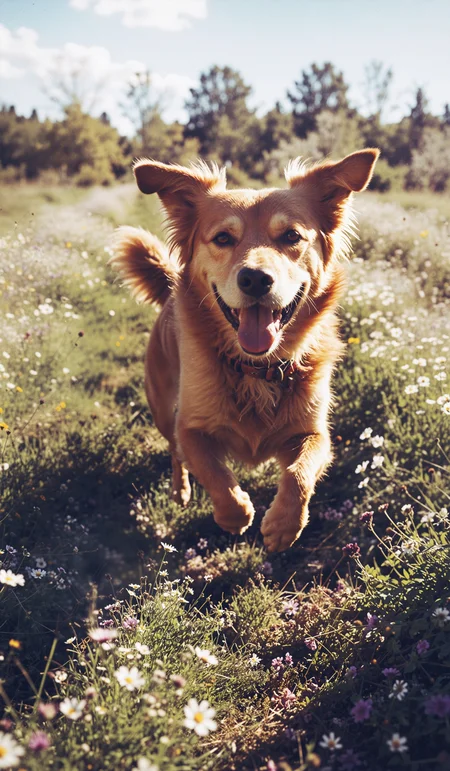 Happy dog running in a blossoming flower meadow on sunny day, selective focus. Dramatic unusual scene. Beauty world. Retro filter and vintage style. Instagram toning effect, breathtaking photograph, lensflare and bokeh effects, heavy film grain, shot on kodachrome with post-processing artifacts, reflecting particle effects, slight double exposure