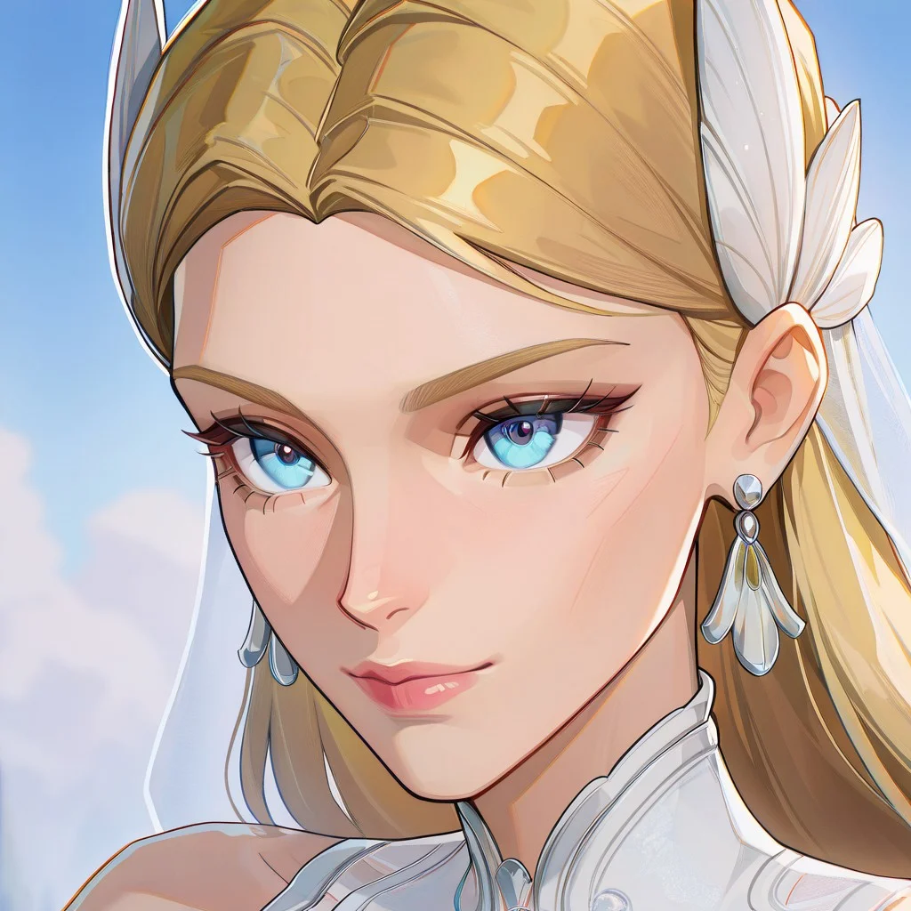 masterpiece, best quality, newest, absurdres, highres, anime, anime style, portrait, eye focus, 1girl, SueStorm-Lifefantasticskin-V1.0, wedding dress, wedding veil, veil, white dress, short dress, blonde, bare shoulders, blue eyes, flower, jewelry, long hair, earrings, long hair, high heels,