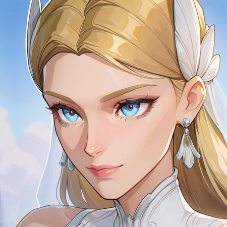 masterpiece, best quality, newest, absurdres, highres, anime, anime style, portrait, eye focus, 1girl, SueStorm-Lifefantasticskin-V1.0,  wedding dress, wedding veil, veil, white dress, short dress, blonde, bare shoulders, blue eyes, flower, jewelry, long hair, earrings, long hair, high heels,