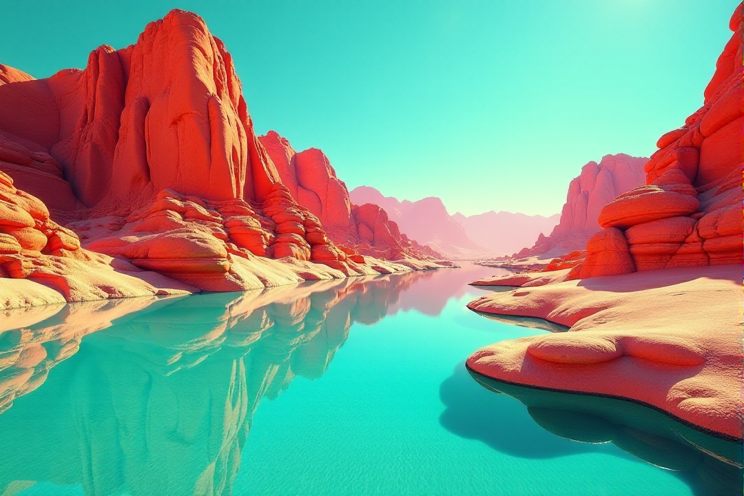 A Chromatic Aberration Mirage of a desert oasis, where color fringing and light distortion create the illusion of shimmering heat waves and optical displacement. Use vibrant turquoise and orange to emphasize the chromatic effectsâââ
