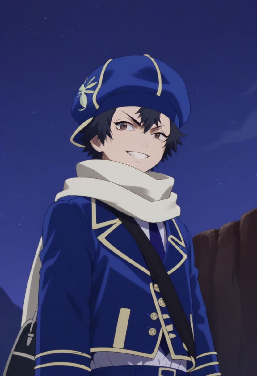 score_9, score_8_up, score_7_up, source_anime, highly detailed, human child,
zazie, 1boy, male_focus, solo, uniform, blue uniform, jacket, pants, hat, scarf, black hair, white scarf, short hair, smile, grin, bag, upper body, 
outdoor, night sky,