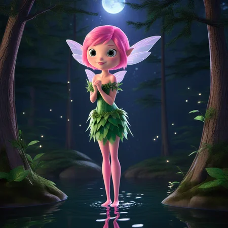 fairy, pixie, magical, pink hair, standing, overgrowm, forest, night, water <lora:STYLIZARD_v1:1>