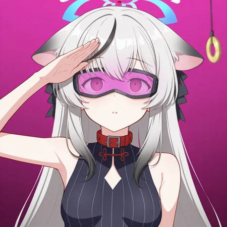 masterpiece, best quality, very aesthetic, absurdres, 1girl, solo, empty eyes, hypnosis, mind control, kokona_(blue_archive), salute, (dronification), (enemy_conversion),  (tech_control),visor,(z-tech_(zko)), collar,  (etlabsotwe :1.2),
