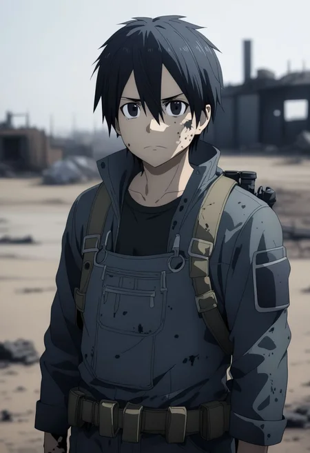 high resolution, professional photography, best quality, 1Boy, Kirigaya Kazuto, Black Hair, Black Eyes, overalldetail, shallow depth of field, Post-Apocalyptic, survival