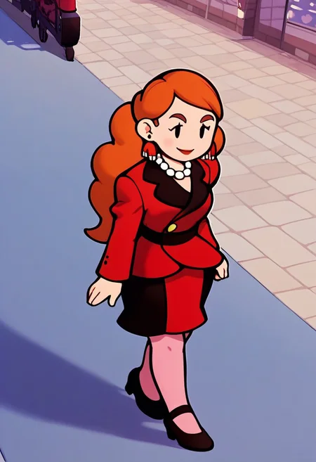 score_9, score_8_up, score_7_up,score_6_up, Expressiveh, 1dk, source_anime, chibi, paper_mario_style, dot eyes, solo, alone,
Teslamagnet, Earrings, pearl necklace, Red jacket, red skirt, pink pantyhose, black footwear, high heels
, smile, happy, hearts around head,walking around in a market, shopping,
