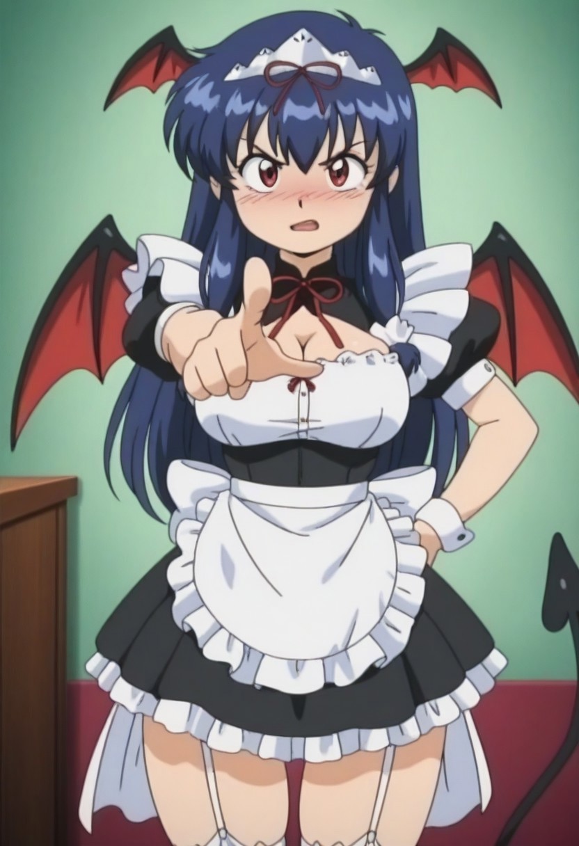 masterpiece, anime screencap, anime coloring, looking_at_viewer, maid dress, cowboy_shot, pointing at viewer, demon wings, misty-may