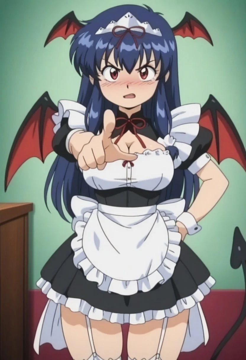 masterpiece, anime screencap, anime coloring, looking_at_viewer, maid dress, cowboy_shot, pointing at viewer, demon wings, misty-may