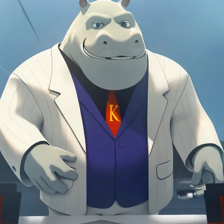 King, large humanoid, hippo, furry male, white pinstripe suit, red tie with the letter K printed on it, formal, black top, facial hair, blue eyes, purple vest, long sleeves, striped white pants, black shoes, masterpiece, best quality, amazing quality, male, looking at viewer