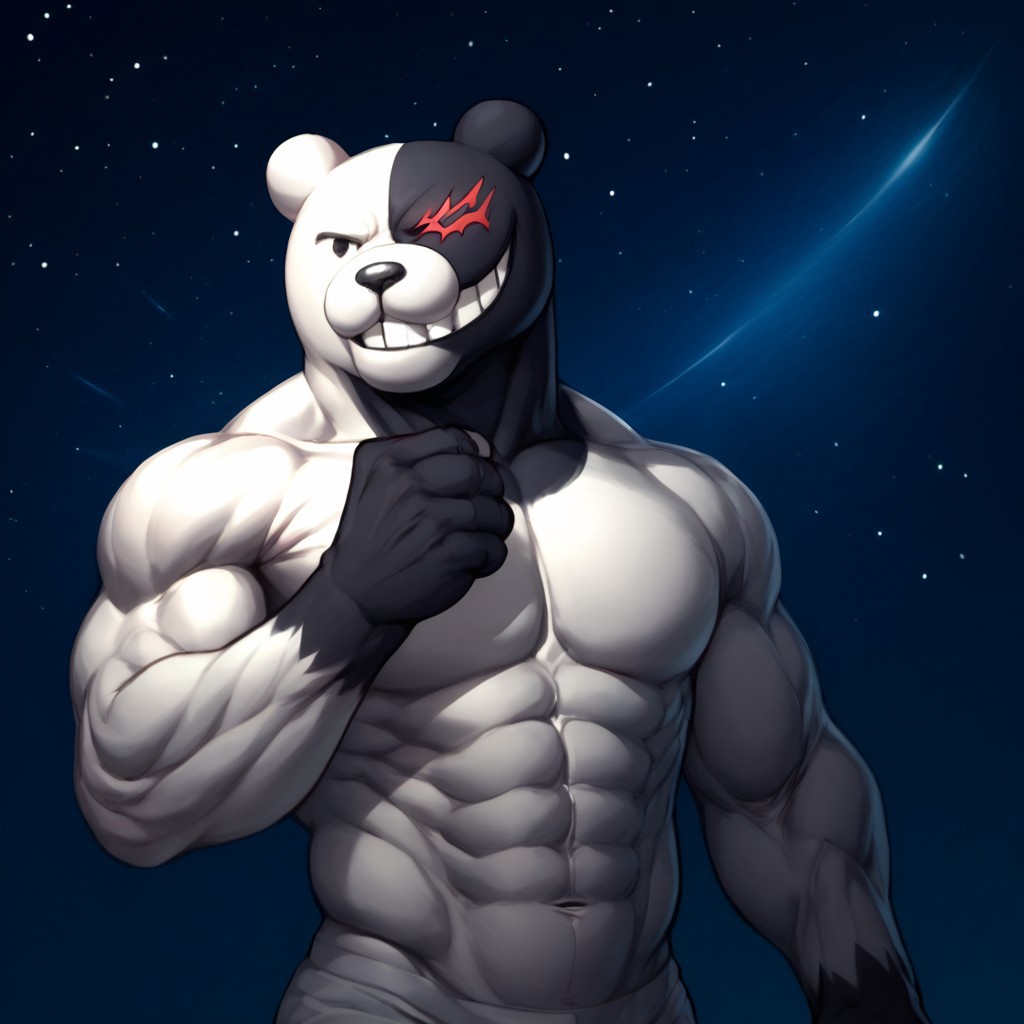 score_9, score_8_up, score_7_up, score_6_up, score_5_up, score_4_up, monokuma, grin, black fur, white fur, (1boy, solo:1.6), muscular, anger vein, space background