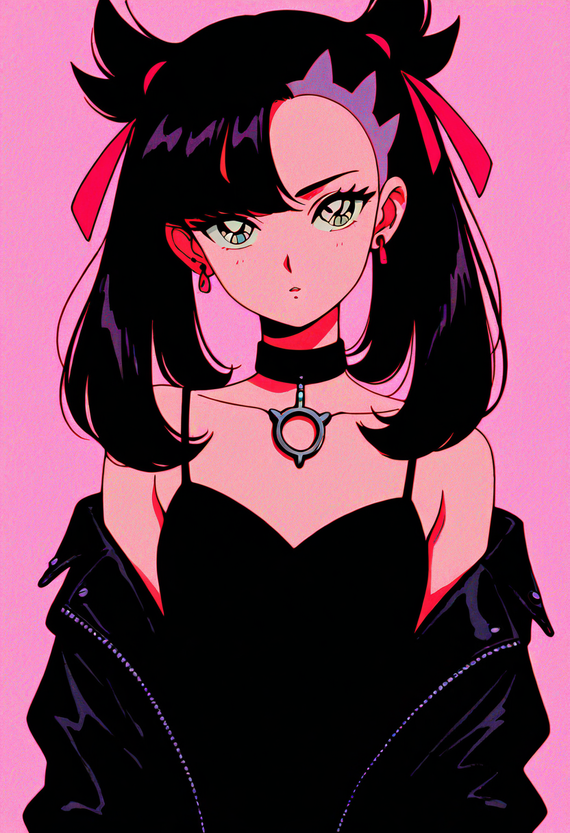 (masterpiece, best quality, good quality, very aesthetic, absurdres),    1girl, solo, eyelashes, (beautiful eyes),   zzMarnie, aqua eyes, black choker, red ribbon, pink dress, jewelry, black jacket, open clothes, long sleeves, looking at viewer, jewelry, collarbone, upper body, heart, earrings, choker, necklace, off shoulder, black eyes, black dress, parted bangs, black choker, film grain, looking at viewer, black hair, bare shoulders, upper body, off shoulder, black dress, black choker, hoop earrings, 1980s (style), film grain, <lora:GothRetroNAI:0.8>, <lora:MarniePokemon_NAI_v2:0.8>,