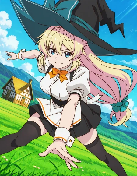 Azusa Aizawa (slime 300nen),anime coloring,blue eyes,blonde hair,very long hair,low-tied long hair,scrunchie,bangs,french braid,witch hat,black headwear,blue hat bow,waitress,orange bowtie,puffy short sleeves,wrist cuffs,white shirt,waist apron,black skirt,black thighhighs,explicit,1girl,
(dynamic pose,dynamic angle,foreshortening:1.5),
looking at viewer,
smile,
medium breasts,
mildly perky breasts,shapely breasts,soft breasts,smooth curvature, visible cleavage, realistic breasts shape,balanced proportions,realistic proportions,natural breasts,natural looking breasts,hair between eyes,slim,curvy,(narrow waist:0.1),(wide hips:0.7),thick thighs,perfect anatomy,natural body,shapely body, smooth curves, defined waistline, soft shadows,elegant posture,detailed body,skindentation,matte skin,smooth skin,deep skin,soft brightness,skin shading,matte lighting,detailed mouth,kawaii,moe face,(bold),strong outlines,clean lineart,harsh lines,
(anime screencap,anime coloring,anime screenshot),anime style, Japanese anime, cel-shading, clean lineart, vibrant colors, sharp facial features, 2D illustration, anime screencap style,anime background scenery,detailed linework,intricate details,(masterpiece,best quality,amazing quality,16k,newest,very aesthetic,absurdres),highres,vibrant irises,ultra-detailed,perfect hands,five fingers,detailed hands,fantasy countryside, scenic plateau, wooden house in background, gentle green hills, wide open grassland, sunlight shining on grass, fantasy rural setting, peaceful atmosphere, distant wooden cottage, fantasy landscape, flowers blooming, blue sky with clouds, soft shadows, vibrant foliage,
<lora:ã¹ã©ã¤ã åãã¦300å¹´ç¥ããªããã¡ã«ã¬ãã«MAXã«ãªã£ã¦ã¾ããã¢ãºãµã¢ã¤ã¶ã¯illustriousslime_taoshite_300nen_shiranai_uchi_ni_Level_MAX_ni_nattemashitaAzusa_Aizawaillustrious:0.8>