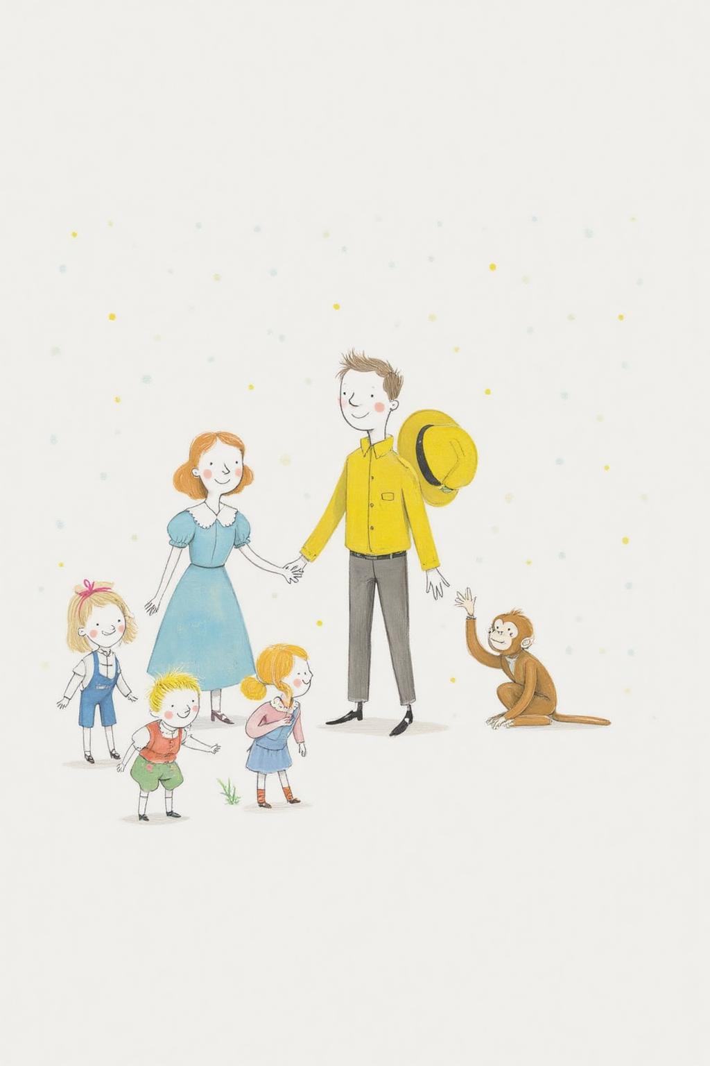 al1ca illustration.  A man, a woman, a small monkey and some children. The woman is wearing a blue dress. The tall man is in a bright yellow shirt, holding a large yellow hat in his hand. On the right of the image is a small monkey <lora:al1ca1_cap_d6a3e11:1.0><lora:828066963352716843:0>