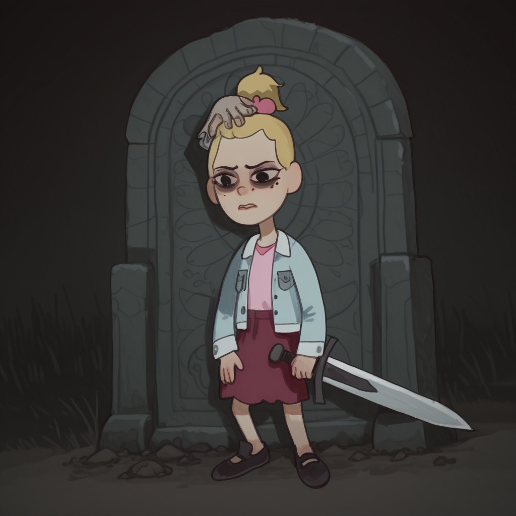 Sasha, 1girl, alone, short stature, blonde hair tied in a ponytail with a dark pink bow, mole on left cheek, light blue jacket, light pink shirt, dark pink skirt, black strap shoes, 
Mossastyle
Sasha with a sad, dull look and dark circles under her eyes. Sasha sits on a stone throne, one hand supporting her head and the other holding a huge sword stuck in the ground.