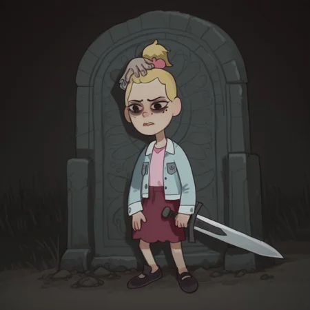 Sasha, 1girl, alone, short stature, blonde hair tied in a ponytail with a dark pink bow, mole on left cheek, light blue jacket, light pink shirt, dark pink skirt, black strap shoes, 
Mossastyle
Sasha with a sad, dull look and dark circles under her eyes. Sasha sits on a stone throne, one hand supporting her head and the other holding a huge sword stuck in the ground.