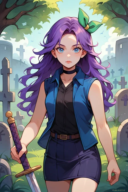 score_9, score_8_up, 1girl, solo, <lora:NSAbigailStardew:1> NSAbigailStardew, purple hair, blue eyes, long hair, parted bangs, graveyard, black choker, blue vest, open vest, sleeveless, black shirt, skirt, black leggins, green hair ribbon, holding a sword