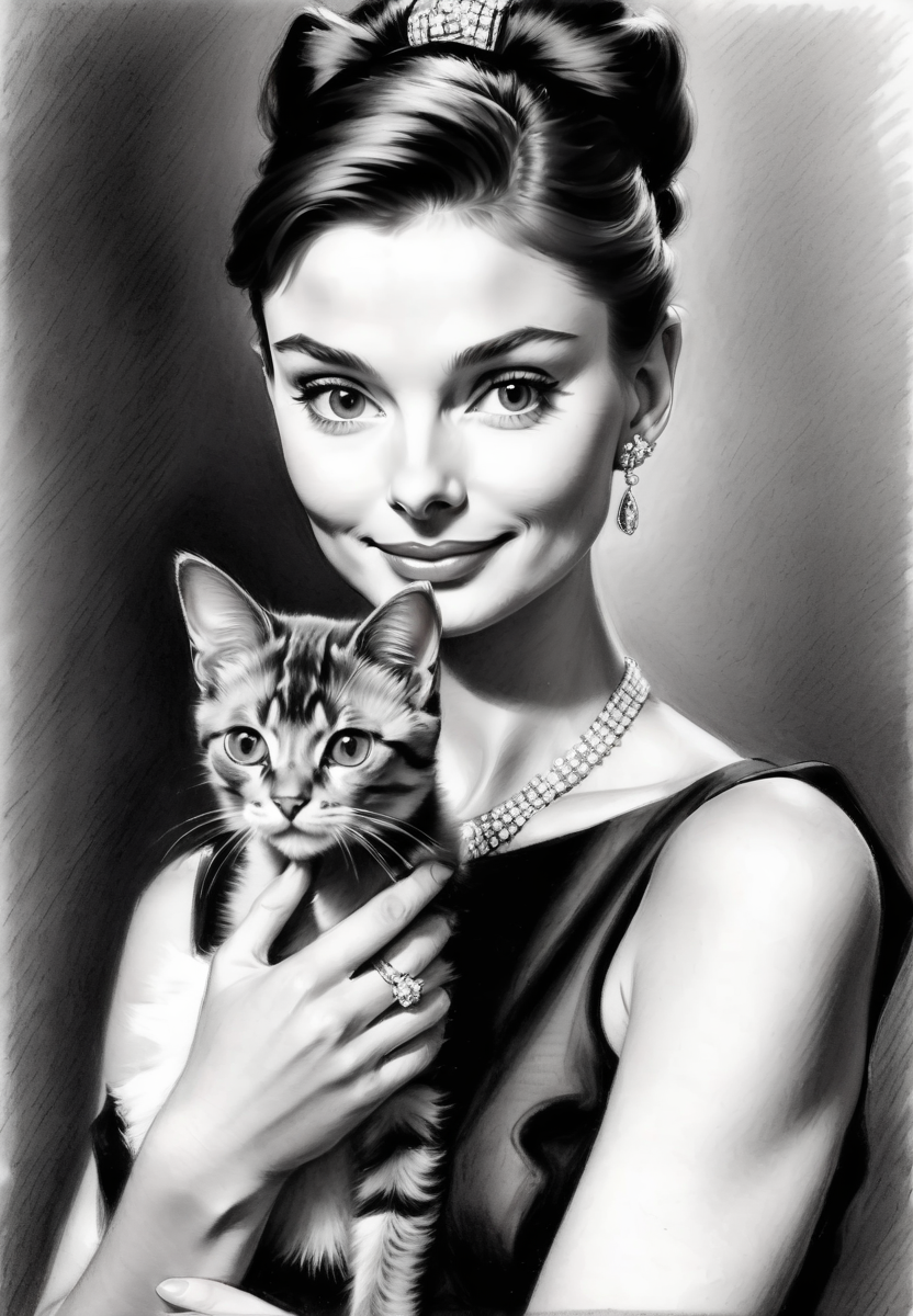 charcoal sketch of Audrey Heburn, elegant, beautiful, high quality, holding an adorable cat, Breakfast at Tiffanys