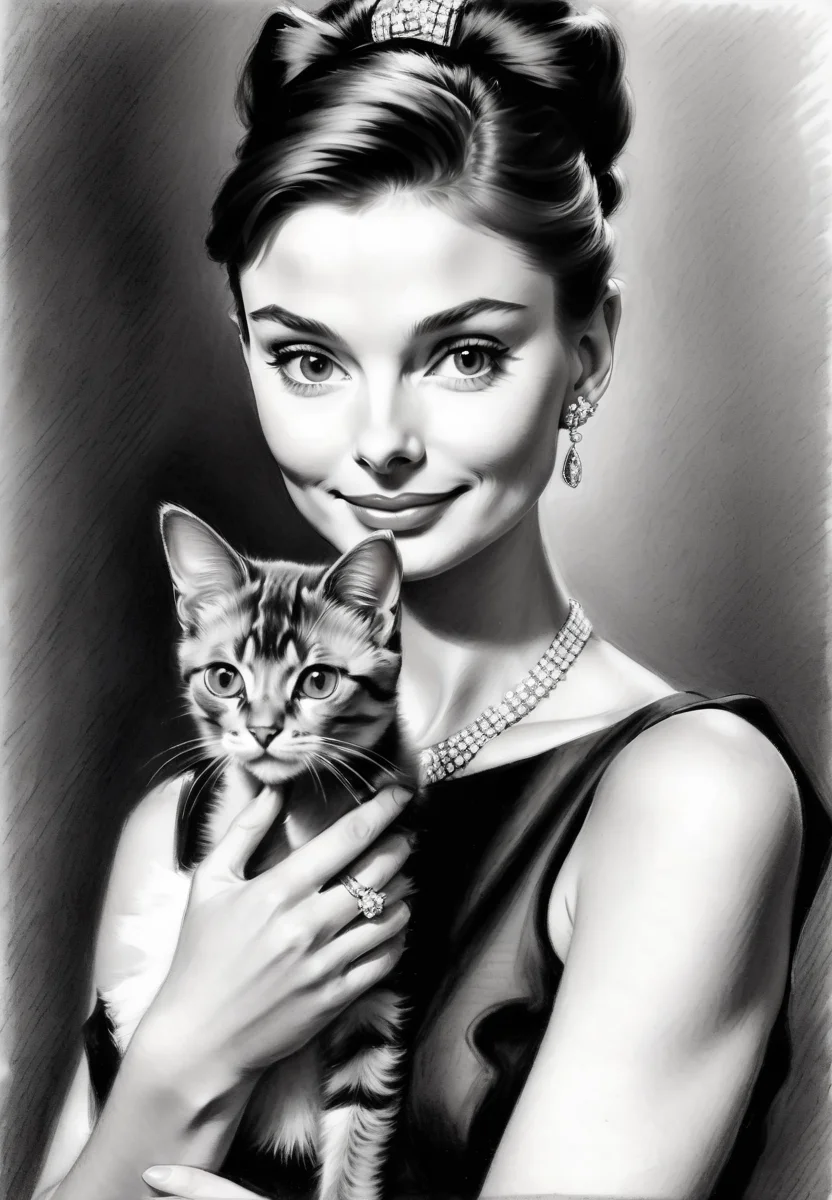 charcoal sketch of Audrey Heburn, elegant, beautiful, high quality, holding an adorable cat, Breakfast at Tiffanys