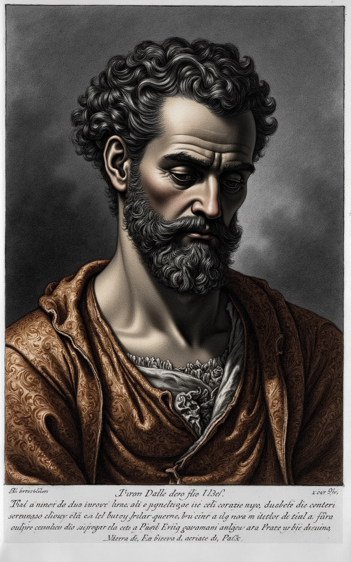 YFG-Pira, Generate a detailed, high-contrast etching-style image of a middle-aged man with a contemplative expression, his dark eyes cast downward, surrounded by wisps of worn velvet and richly patterned fabric in muted earth tones, reminiscent of 18th-century Italian textiles, against a deep, mottled gray background, as if pulled from the plates of Giovanni Battista Piranesi's ancient ruins etchings.