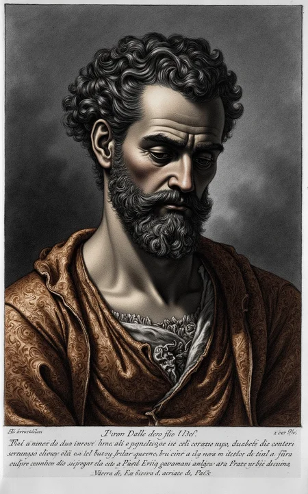 YFG-Pira, Generate a detailed, high-contrast etching-style image of a middle-aged man with a contemplative expression, his dark eyes cast downward, surrounded by wisps of worn velvet and richly patterned fabric in muted earth tones, reminiscent of 18th-century Italian textiles, against a deep, mottled gray background, as if pulled from the plates of Giovanni Battista Piranesi's ancient ruins etchings.