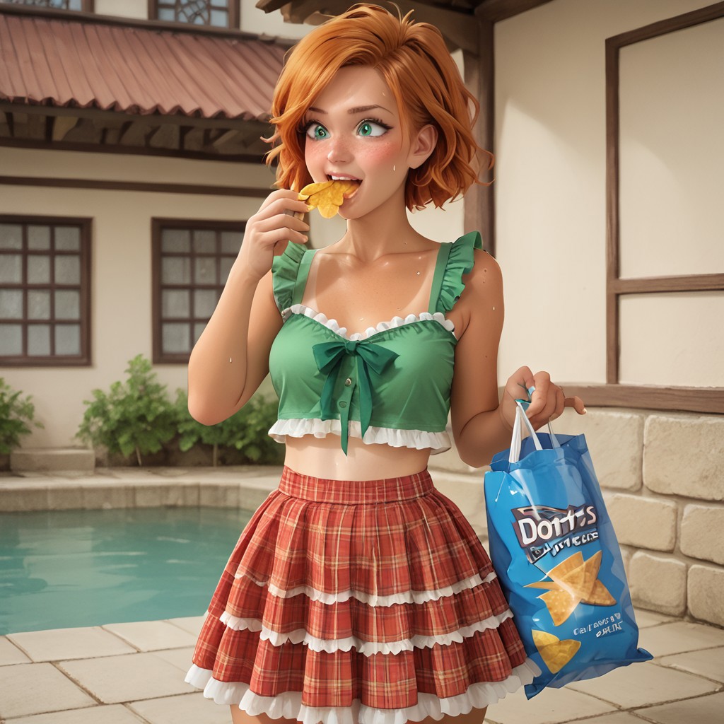 score_9, score_8_up, score_7_up,score_6_up, masterpiece, high quality, single 28 year old girl, gorgeous,cute,freckles,perfthig, hourglass body shape ,  curvy body, copper hair, green eyes, country bumpkin,  tan lines, outdoor, pond,skindentation,sweat,sweat drop, sweaty,blush,sweat dripping,
BREAK depth of field,hud_d0ritos, food, eating, Doritos, holding bag of chips
hud_cntry_bkin, green crop top, skirt, frills, jewelry, midriff