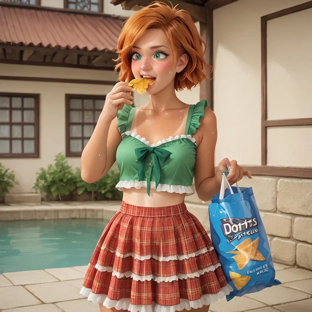 score_9, score_8_up, score_7_up,score_6_up, masterpiece, high quality, single 28 year old girl, gorgeous,cute,freckles,perfthig, hourglass body shape , curvy body, copper hair, green eyes, country bumpkin, tan lines, outdoor, pond,skindentation,sweat,sweat drop, sweaty,blush,sweat dripping,
BREAK depth of field,hud_d0ritos, food, eating, Doritos, holding bag of chips
hud_cntry_bkin, green crop top, skirt, frills, jewelry, midriff