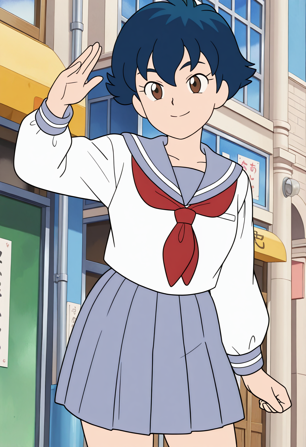 masterpiece, best quality, very aesthetic, absurdres, 1girl, solo, official style,
<lora:shimaya_hazuki_v01:0.8>, shimaya_hazuki, hazuki_school, blue hair, short hair, brown eyes, hair between eyes,
school uniform, serafuku, blue sailor collar, red neckerchief, miniskirt, plated skirt, smile, posing