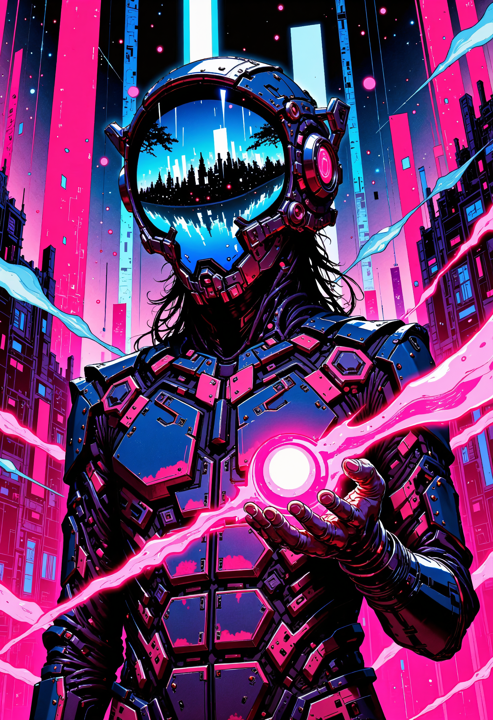 (in Otomo Katsuhiro style:1.2), masterpiece, high-quality, A futuristic scout in a sleek angular suit embedded with pulsating circuits, Theyre framed in a glowing urban sprawl of vertical megastructures and floating drones, their visor reflecting a fragmented digital skyline, One hand grips a small high-tech device scanning the area for unseen threats, urban sprawl, circuit suit, digital skyline, (Stylized in neon cyberpunk anime with a sharp high-contrast aesthetic:1.1), (elaborate fine details:1.1), (hyperdetailed:1.1), (intricate details:1.0), (Refined details:1.1), (best quality:1.1), (high resolution:1.2),
