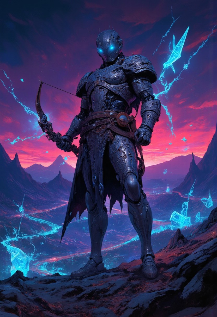 Fantasy painting, aidmamj6.1, mythp0rt, A robot ranger stands in a glowing digital landscape, its sleek metallic body etched with arcane engravings that pulse with light. It wields a magical mechanical crossbow, adorned with glowing runes, firing ethereal bolts that leave trails of neon light. The surreal terrain features grid-like mountains, streams of binary code, and floating geometric shapes illuminated by neon energy veins. The ranger’s glowing eyes radiate purpose, blending futuristic precision with mystical power in a striking fusion of magic and technology.