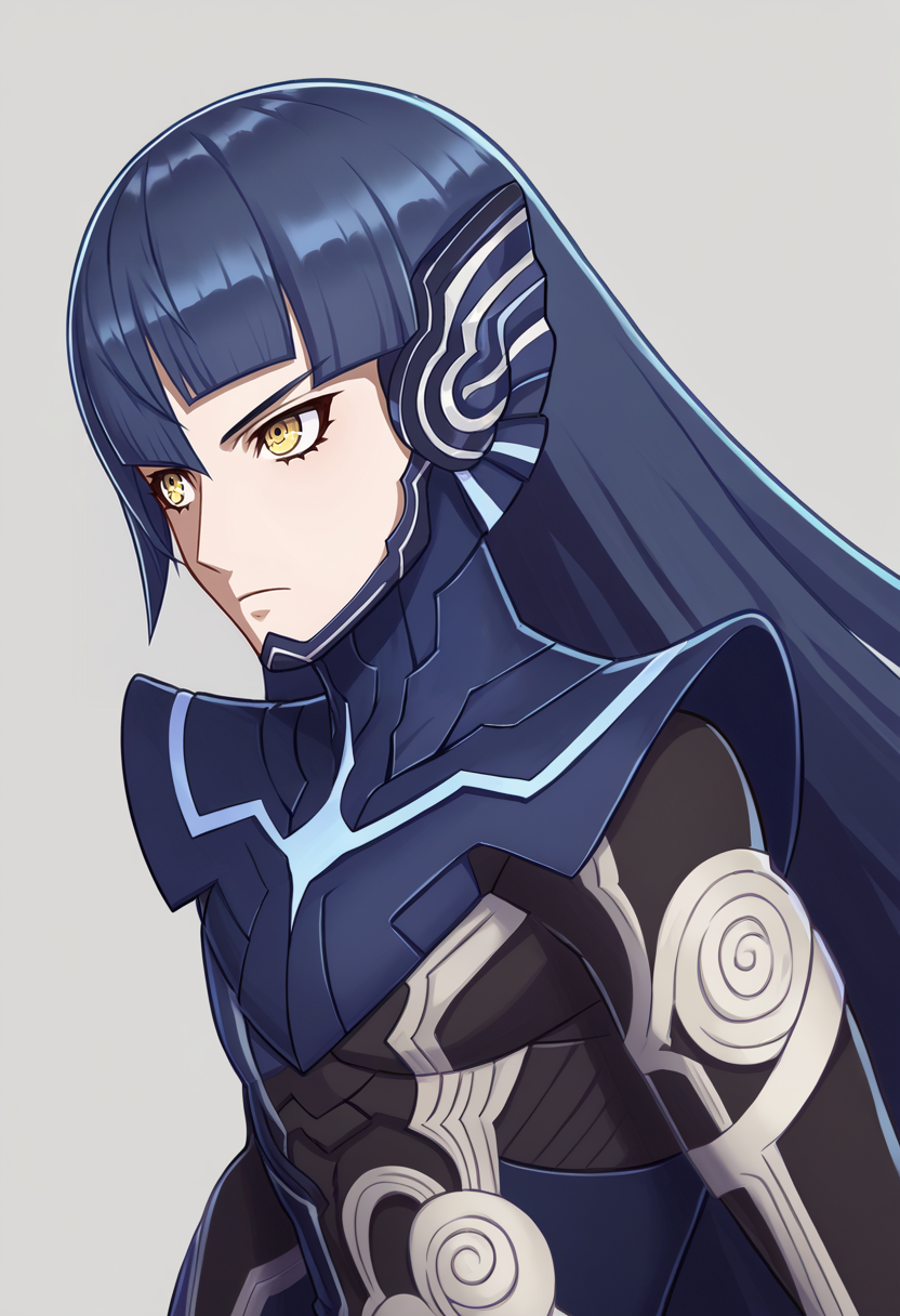 score_9, score_8_up, score_7_up, source_anime BREAK 1boy, solo,
<lora:zs_EngagePortraitsXL:1> engageportraits, portrait, white background,
plain background, upper body
 <lora:SmtV-Protag-pdxl_Fp:1> nahobino, long hair, blue hair, yellow eyes, bodysuit, armor, smtvprotag, bob cut, blunt bangs, black hair, blue eyes,