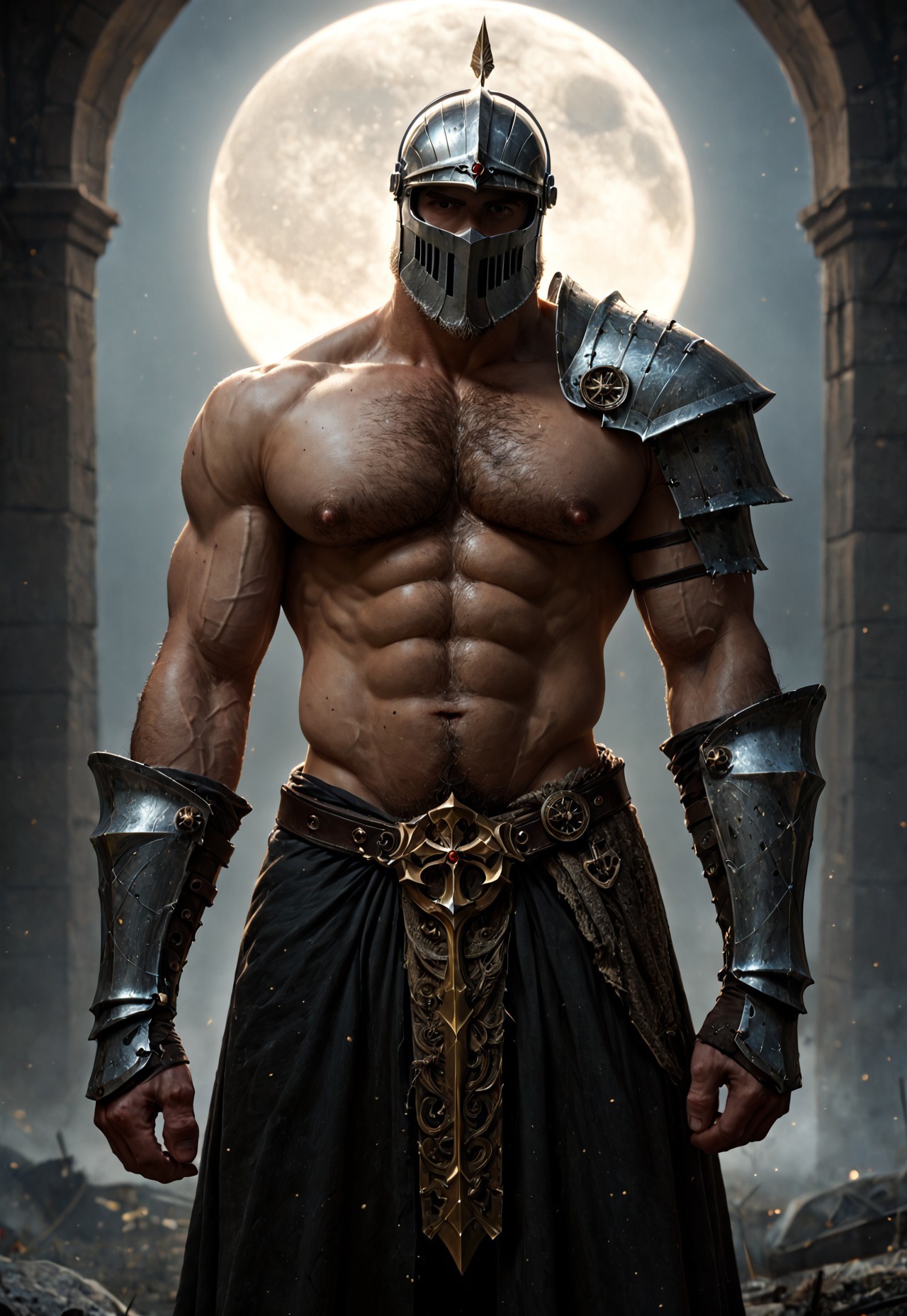 safe_pos, (masterpiece), intricate details, hyperdetailed, (fantasy), epic, bokeh,
knight, medieval, intricate armor, ornamented armor, asymmetrical paladin dark armor ornated and golden, (cyborg), (mech:0.7), blades, led, planted-sword, artorias, moonlight, darkness, moon, dramatic soft lighting, ((muscular, abs, chest hair)), facing the viewer, ((large helmet)), ((handsome, beard)), ((chest hair)), ((large pecs)), ((muscular)), chest hair, arm hair, stomach hair, pubic hair, adonis belt, partially covered in shadow