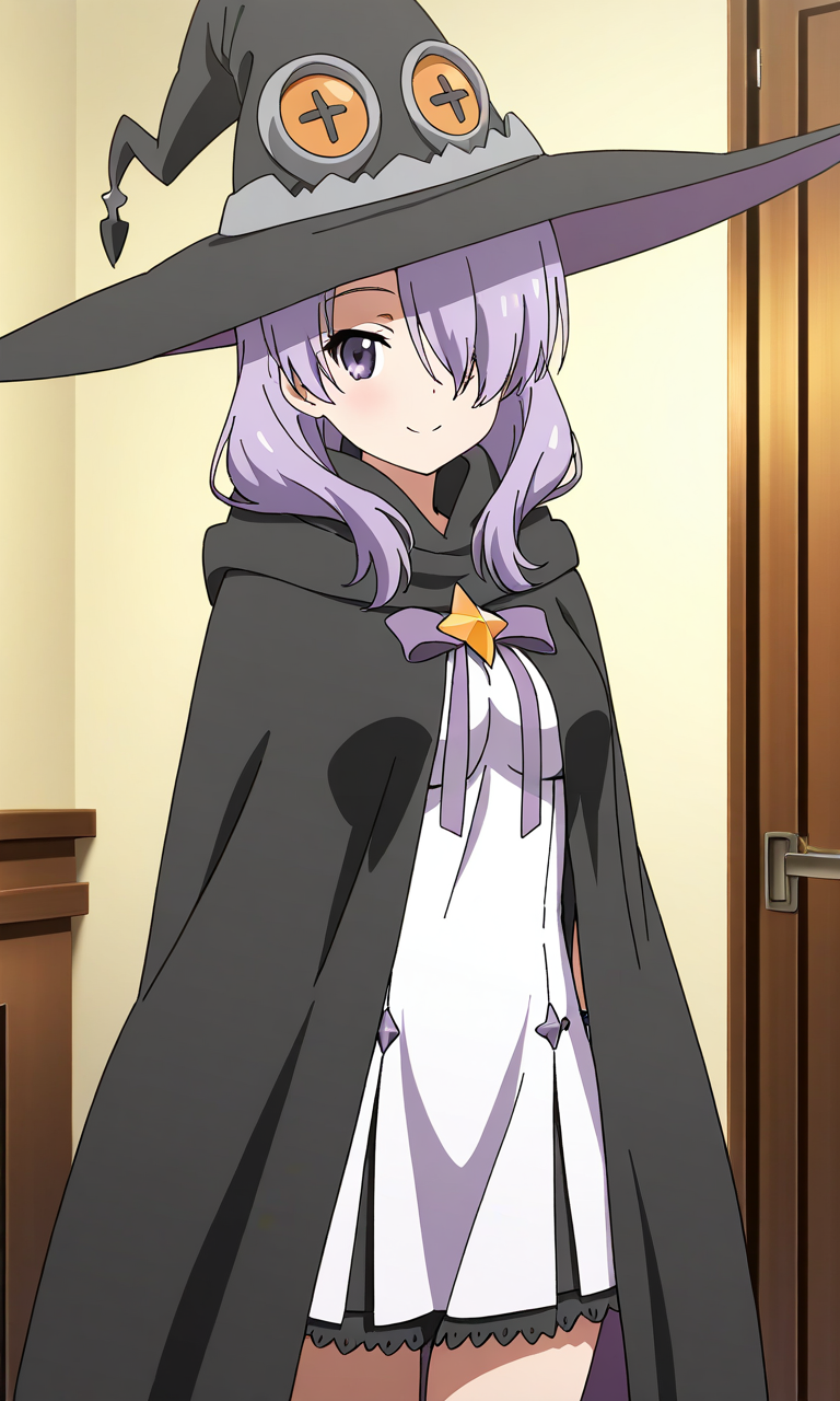 masterpiece, best quality, good quality, <lora:Nanako_Houkago_no_Pleiades_IS:0.8>
Nanako(Pleiades), 1girl, purple hair, hair over one eye, purple eyes, long hair, breasts, anime coloring, 
purple ribbon, hair over one eye, long hair, breasts, 1girl, solo, smile witch hat, looking at viewer, home in the room, cowboy Shot, white dress, black cloak,