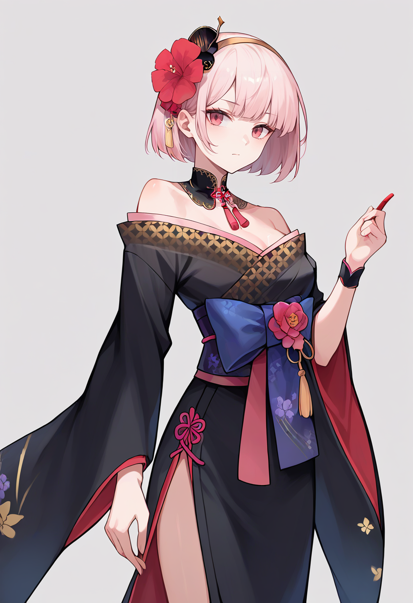 score_9,score_8_up,score_7_up,score_6_up,score_5_up,score_4_up,
1girl, breasts, mori calliope,short hair, black kimono, print kimono, detached collar, sash, bow, wrist cuffs, hairband, hair flower, neck tassel, ribbon, off-shoulder kimono, wide sleeves,
solo, cowboy shot, simple background, grey background, closed mouth,
<lora:moriponyxl:1>