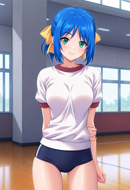 masterpiece, best quality, amazing quality, 1girl, solo, cowboy shot, sanaeww, green eyes, blue hair, short hair, ponytail, yellow hair bow, medium breasts, gym uniform, short sleeves, dark blue buruma, looking at viewer, smile, indoors, day, skindentation, detailed clothing folds, depth of field, sharp, high contrast, dynamic light <lora:Kirishima_Sanae_Yoridori_ill:0.8>