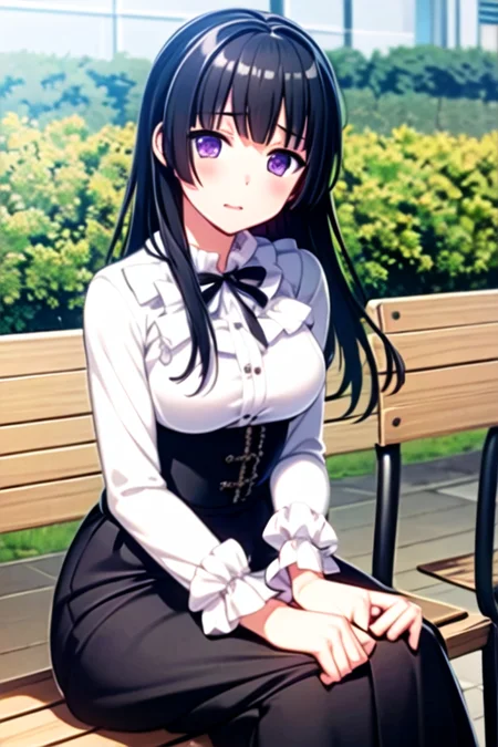 ((masterpiece, best quality)),very detailed, simple eyes,outdoors,1girl,sitting,medium breasts,<lora:rinko:1>,rinko shirokane, black_skirt, casual , breasts, frills, long_hair, long_sleeves, looking_at_viewer, purple_eyes,long skirt
