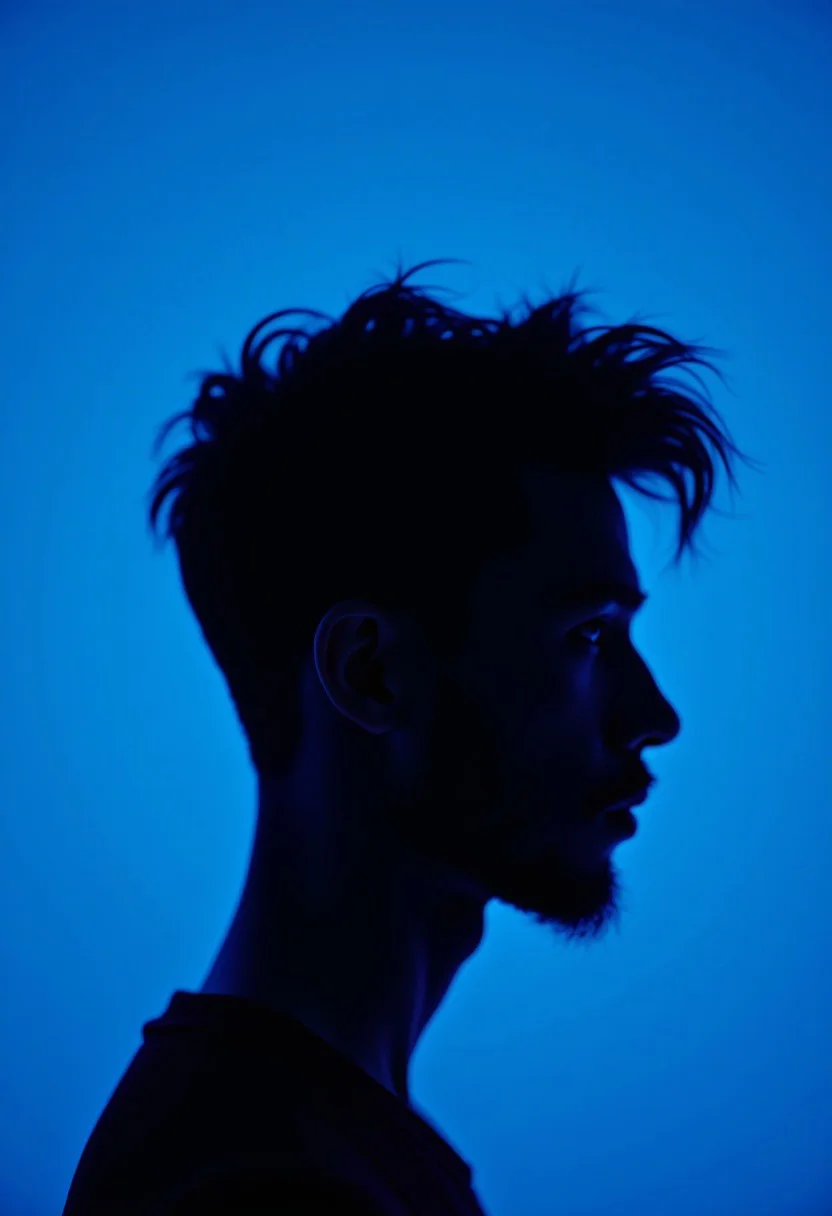 photography, front, gaze, portrait, contrast, profile silhouette of a man against a vibrant deep blue backdrop, blue lighting accentuates the contours of the face and hair, creating an intriguing interplay of light and shadow, mirrors the bold simplicity of a color field painting, subject rendered in a deep blue that stands out sharply against the monochrome blue, visualize using a camera setup that mimics a large aperture, such as f/1.4, to achieve a shallow depth of field, focusing solely on the silhouette's edge, photorealistic, UHD--ar 9:16 --style raw --stylize 700