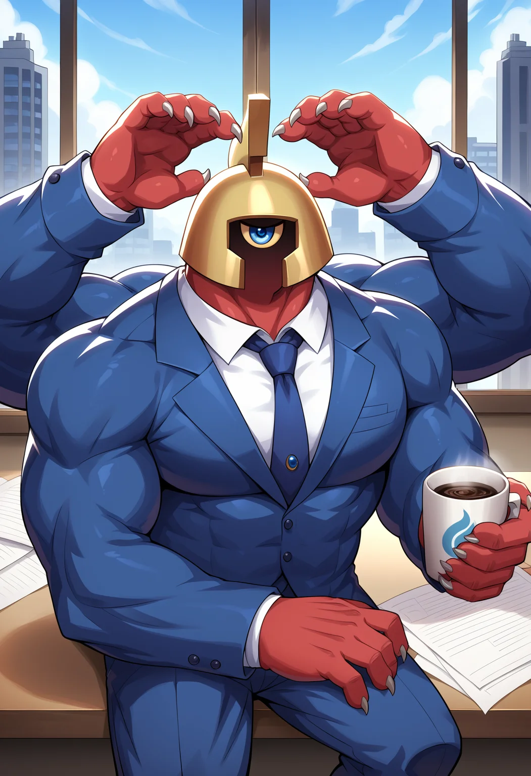 zPDXL3, score_9, score_8_up, score_7_up, (detailed face, detailed body, detailed background, perfect anatomy, masterpiece, high quality, best quality), rating_safe, source_anime, indoors, office, window, city BREAK jerkules_dq, monster, red skin, (four arms, 4 arms:1.25), cyclops, helmet, blue eye, muscular, (suit, tie), computer, desk, sitting, holding coffee <lora:detailed_notrigger:1> <lora:Jerkules_DragonQuest_V1:1>