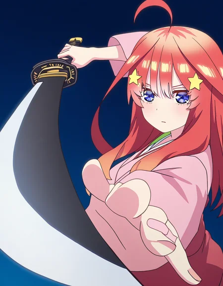 masterpiece, best quality, newest, absurdres, highres, safe,, <lora:itsuki-nakano-s2-ponyxl-lora-nochekaiser:1>, itsuki nakano, bangs, long hair, blue eyes, hair between eyes, ahoge, red hair, star (symbol), hair ornament, star hair ornament, large breasts, anime screencap, <lora:gatotsu-stance-illustriousxl-lora-nochekaiser:1>, gatotsu stance, weapon, sword, katana, holding weapon, holding, holding sword, foreshortening, japanese clothes, kimono, looking at viewer,, ,