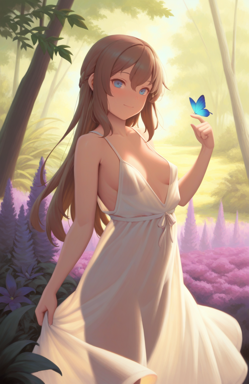 masterpiece, best quality, 1girl, white dress, butterfly on hand, long hair, bug, small breasts, outdoors, smile, see-through silhouette, blue eyes, looking at viewer, purple flower, brown hair, tree, closed mouth, sundress, no panties, sleeveless dress, day, standing, see-through dress, collarbone, hair between eyes, bare shoulders, blush, blue butterfly, no bra, nature    <lora:bigrbearSyle IXL2:1>