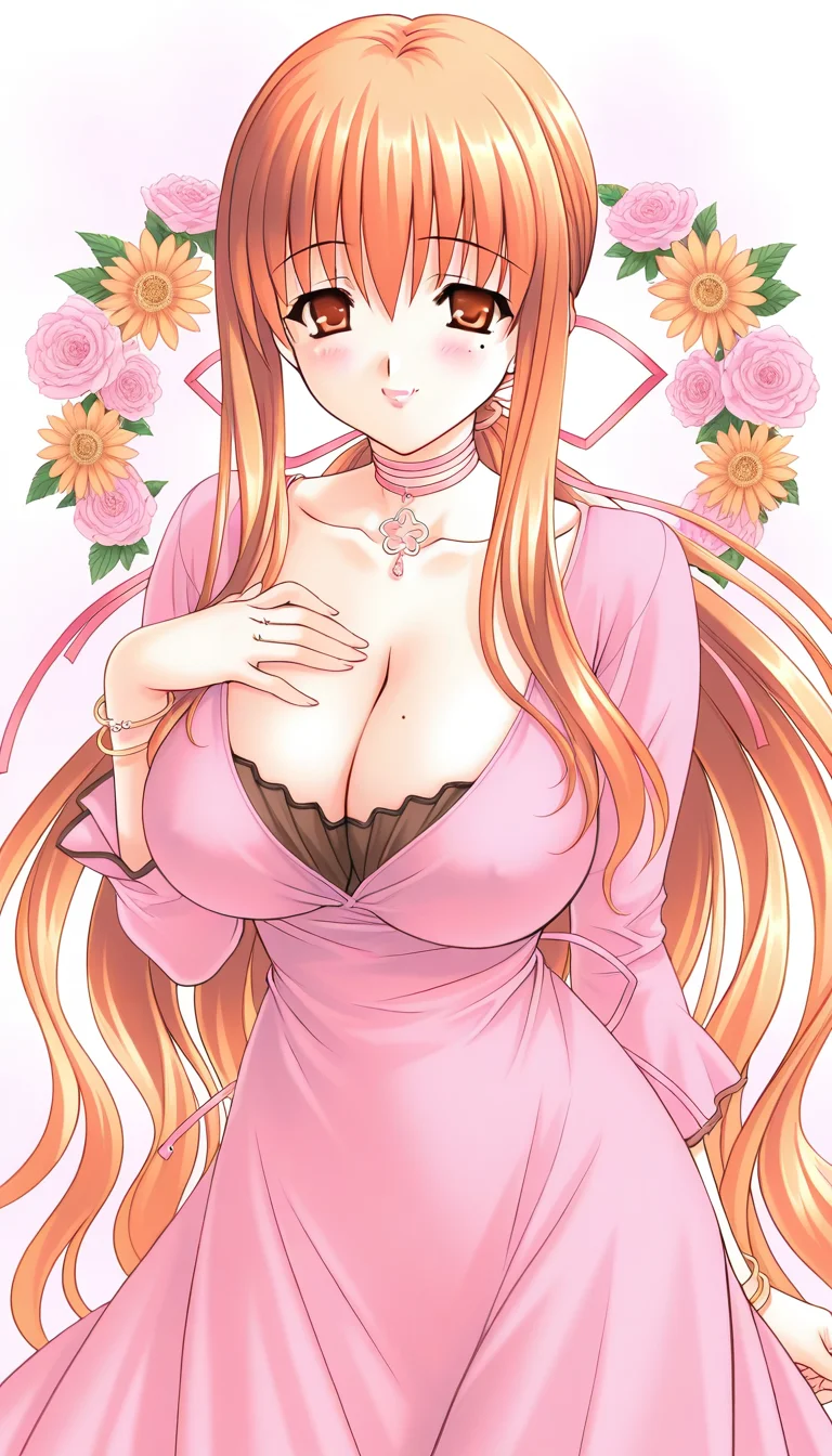 general,highres, ultra-detailed,very aesthetic,best quality ,best hands, BREAK <lora:Takeuchi_Himeka_IS:1>Takeuchi_Himeka, 1girl, very long hair, breasts, huge breasts, orange hair, ponytail, brown eyes, hair ribbon, choker, lipstick,
solo, mole, dress, smile, jewelry, very long hair, brown hair, blush, bracelet, long sleeves, hand on own chest, looking at viewer, flower, orange eyes, cleavage,
